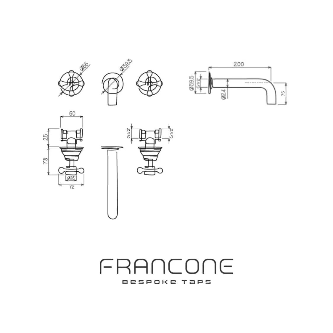 BT20 3 hole wall mounted basin taps "wheels"