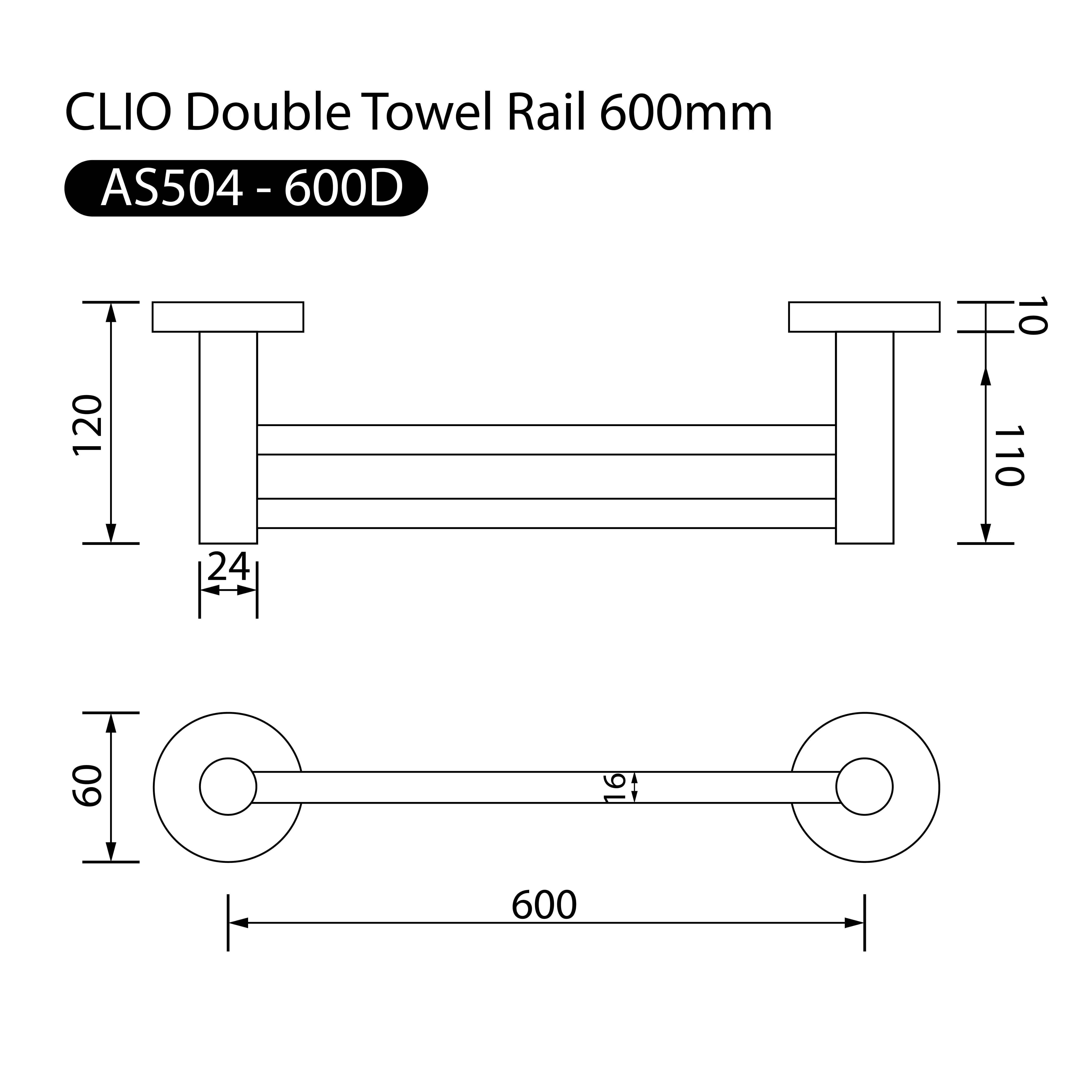 Clio Round Double Towel Rail 600mm Brushed Nickel