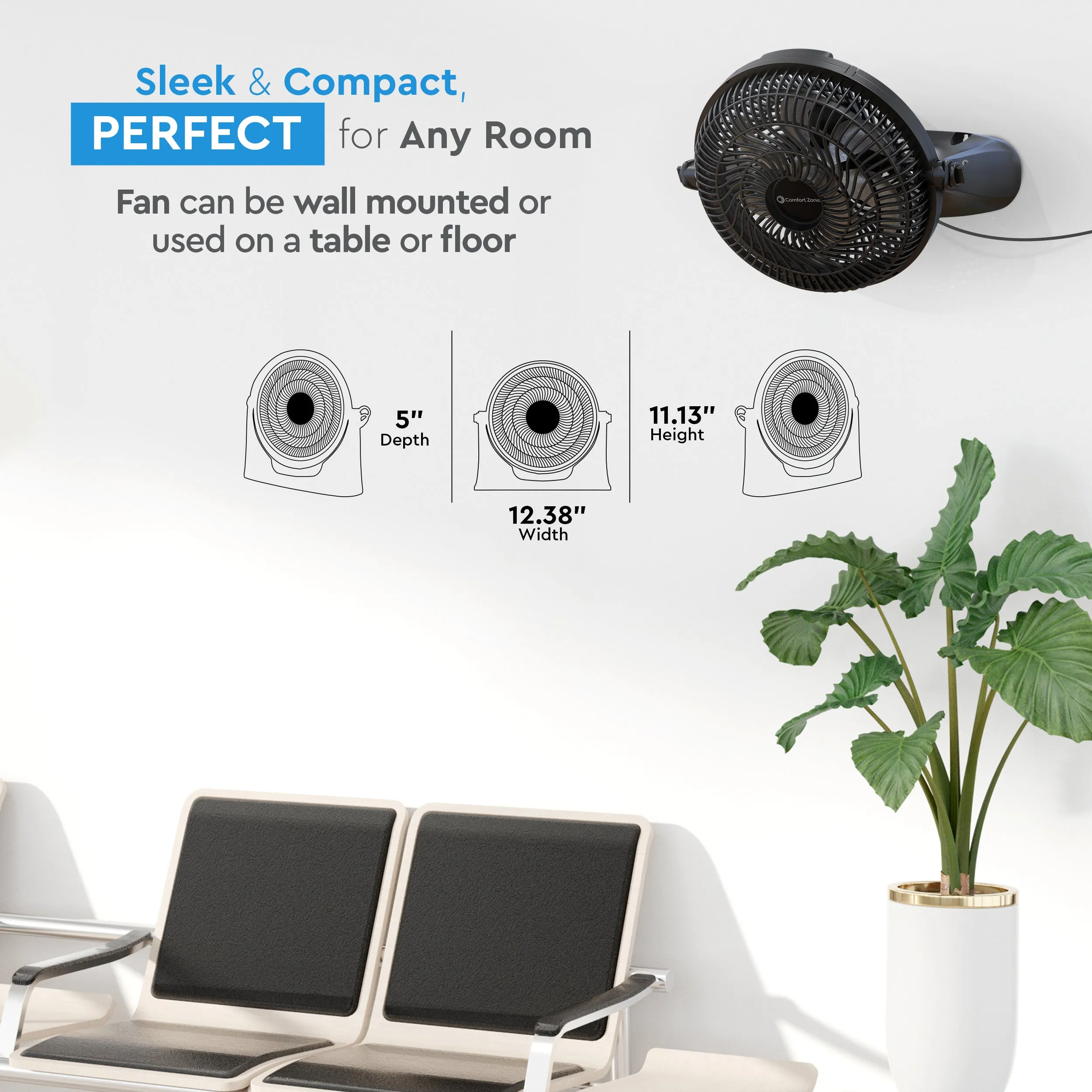 Comfort Zone 9" 3-Speed Powr Curve Floor Fan in Black/Silver