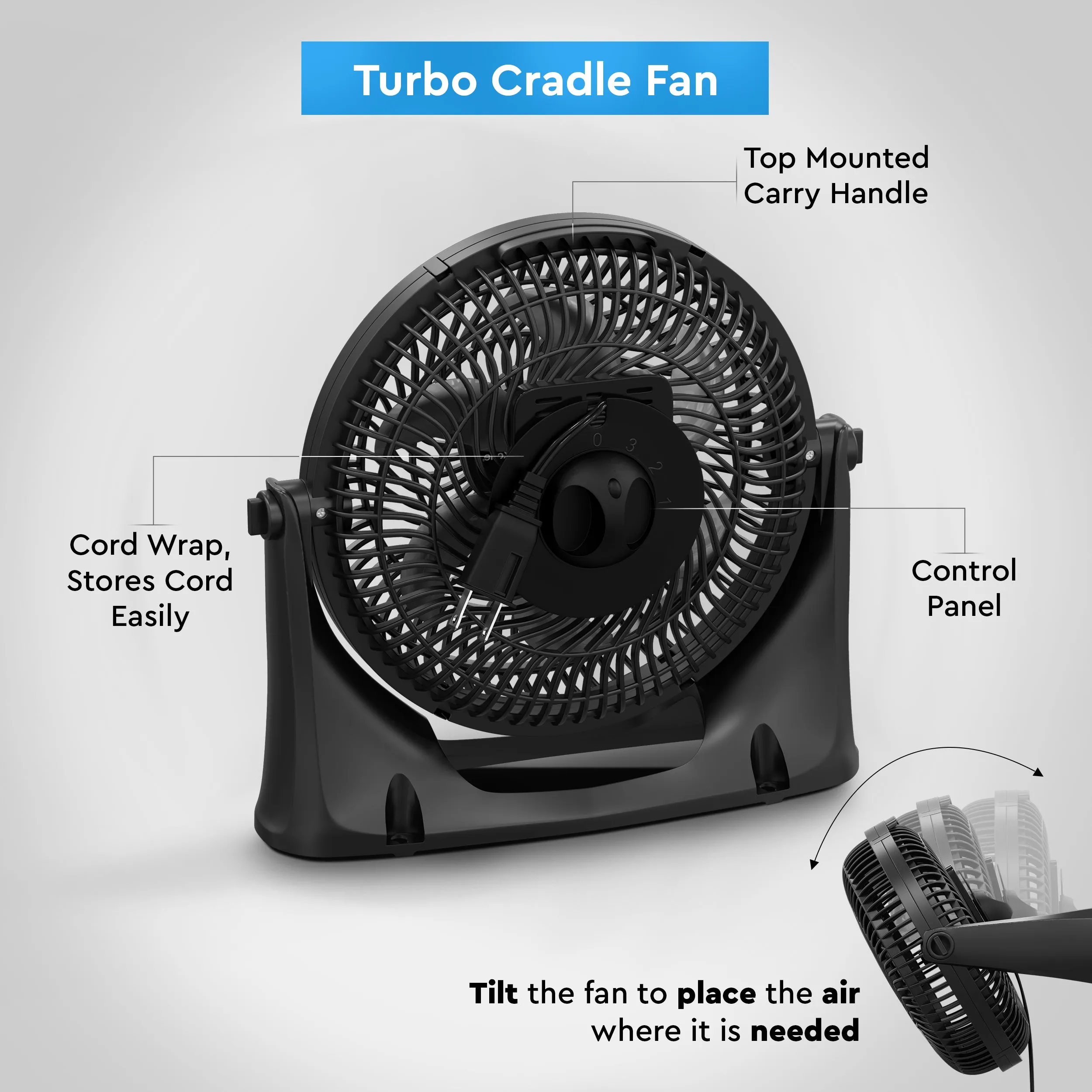 Comfort Zone 9" 3-Speed Powr Curve Floor Fan in Black/Silver