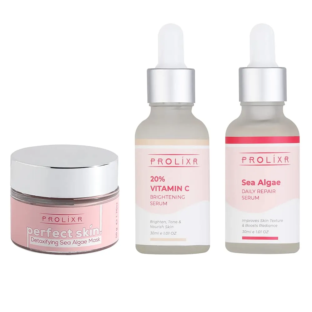 Prolixr Complete Pore Care Combo - Sea Algae Mask, Sea Algae Serum & 20% Vitamin C Serum | Detoxifying | Pore Tightening | Skin Brightening | All Skin Types