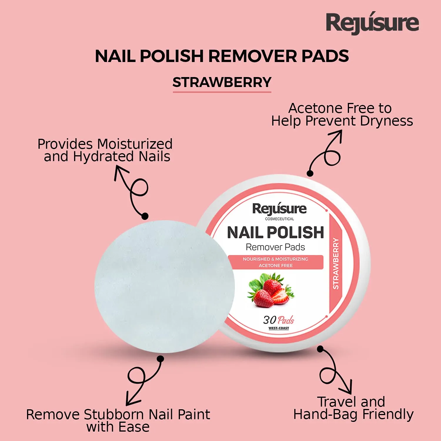 Rejusure Nail Polish Remover Pads Combo - Acetone-Free, Nourished & Moisturizing | Strawberry & Mixed Berries (30 30 Pads)