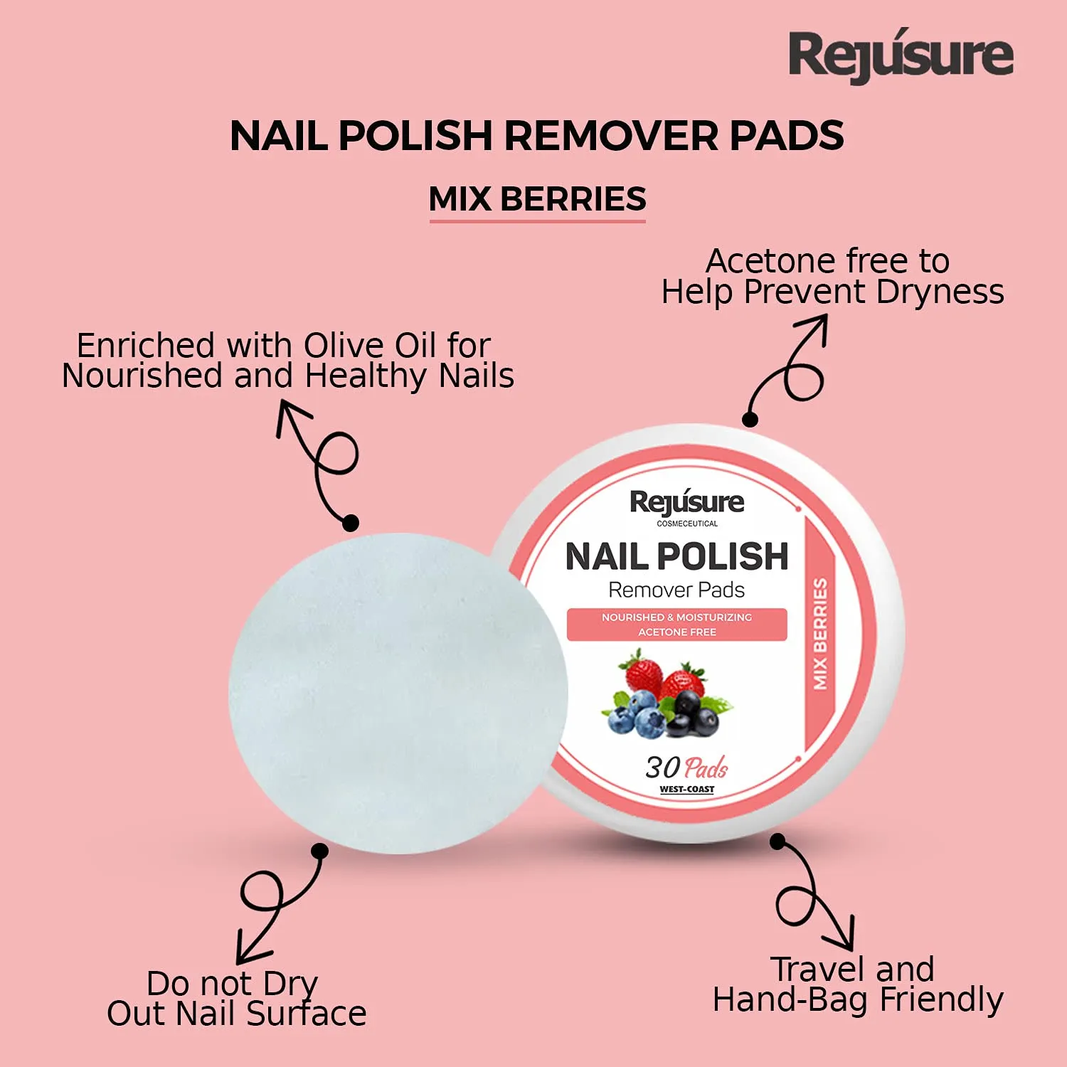 Rejusure Nail Polish Remover Pads Combo - Acetone-Free, Nourished & Moisturizing | Strawberry & Mixed Berries (30 30 Pads)