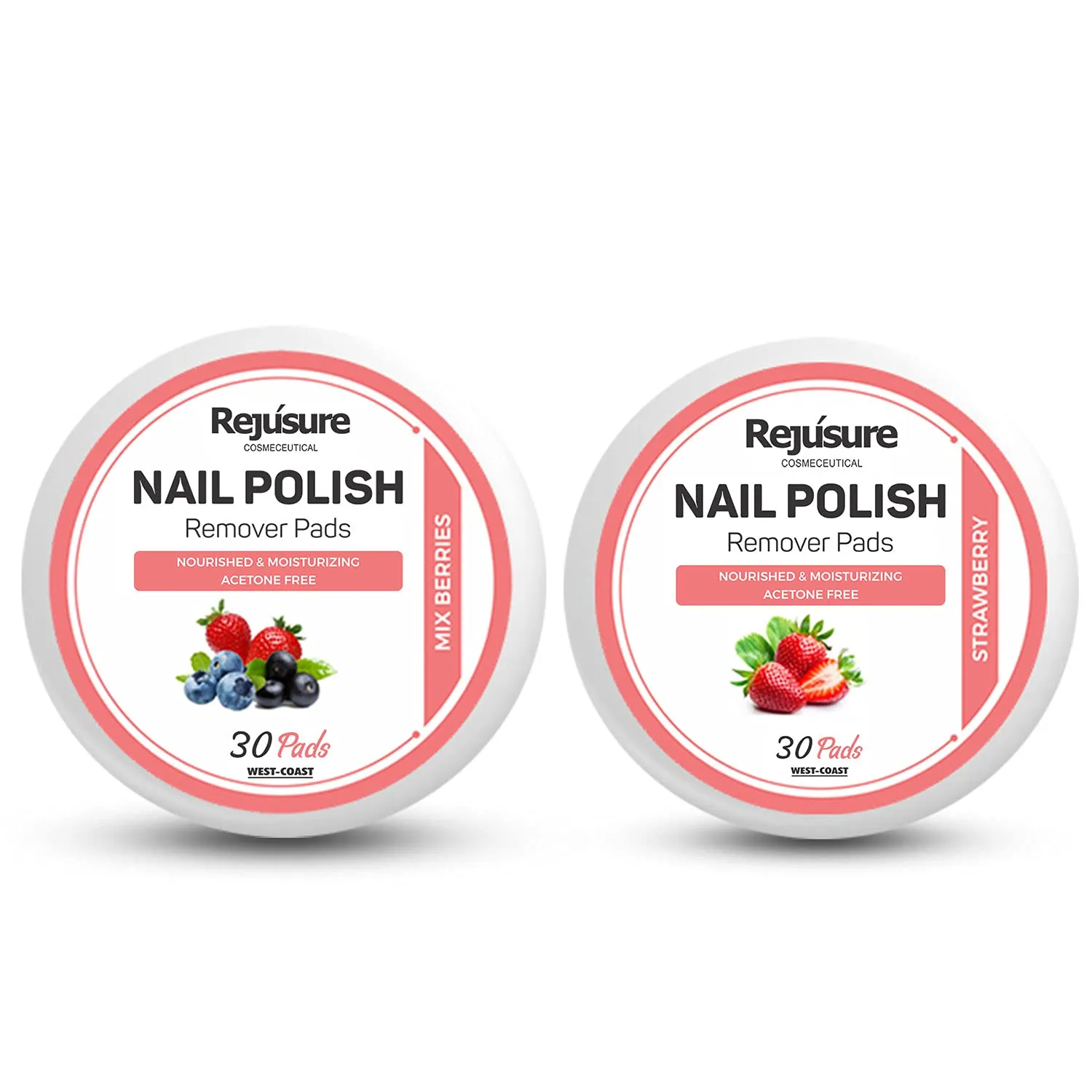 Rejusure Nail Polish Remover Pads Combo - Acetone-Free, Nourished & Moisturizing | Strawberry & Mixed Berries (30 30 Pads)