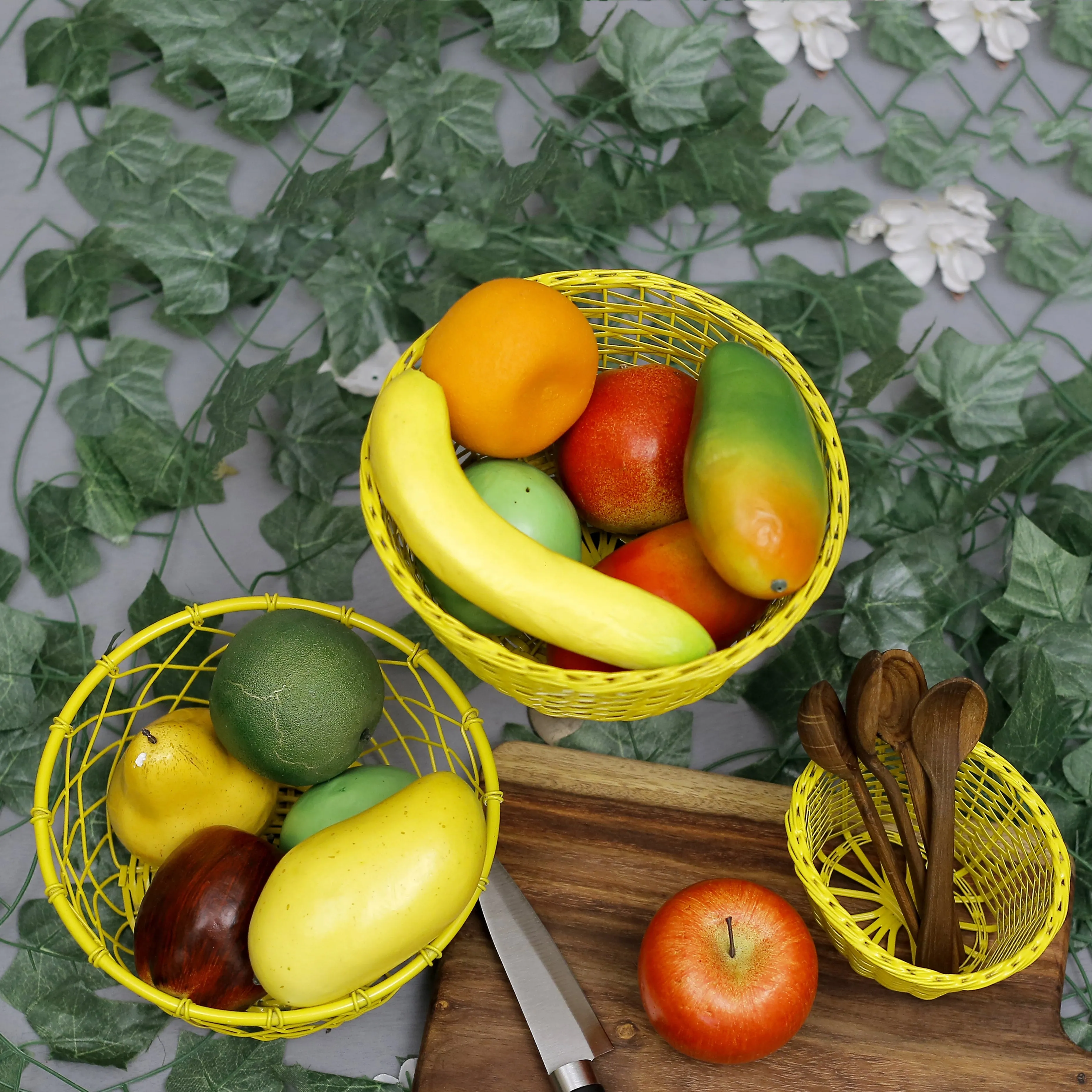 (Set of 3) Yellow Coloured Fruit Crate Metallic Tray Set