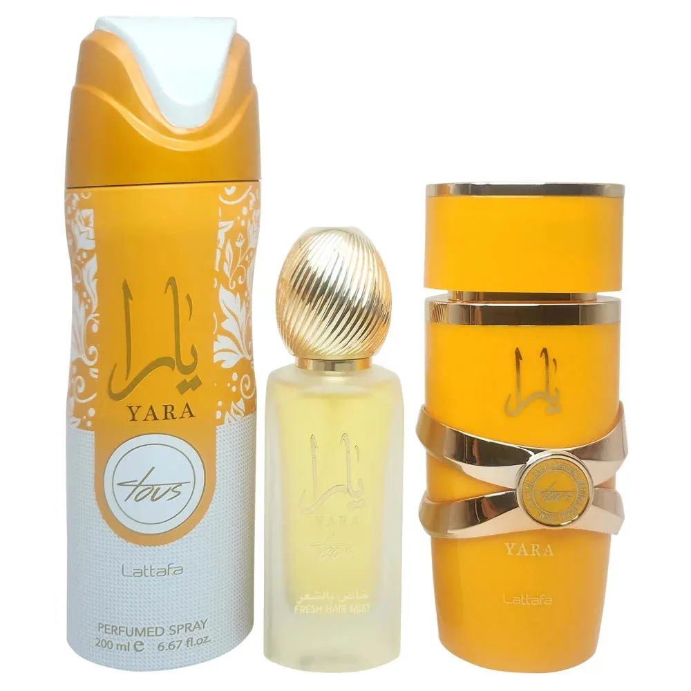 SET YARA TOUS Collection Gift Set 3 pcs 3.4 oz EDP   1.7 oz Hair Mist   6.8 oz Body Spray By Lattafa