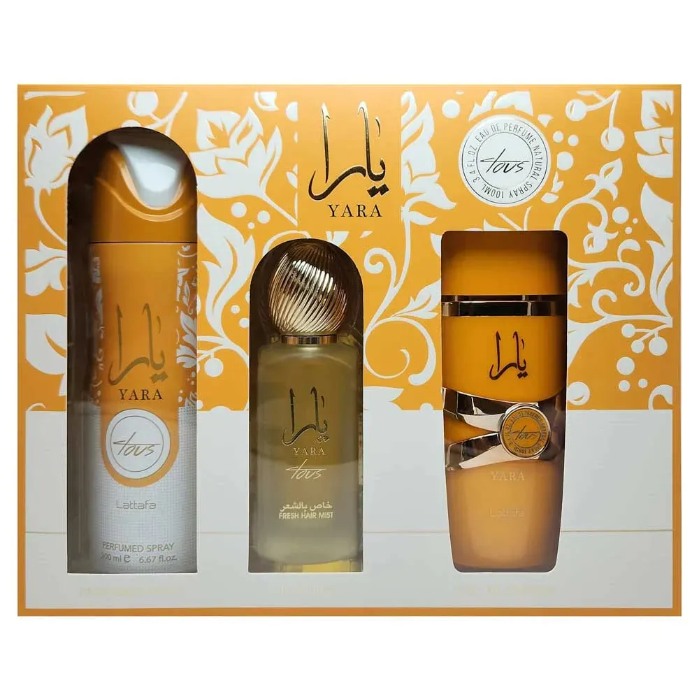 SET YARA TOUS Collection Gift Set 3 pcs 3.4 oz EDP   1.7 oz Hair Mist   6.8 oz Body Spray By Lattafa